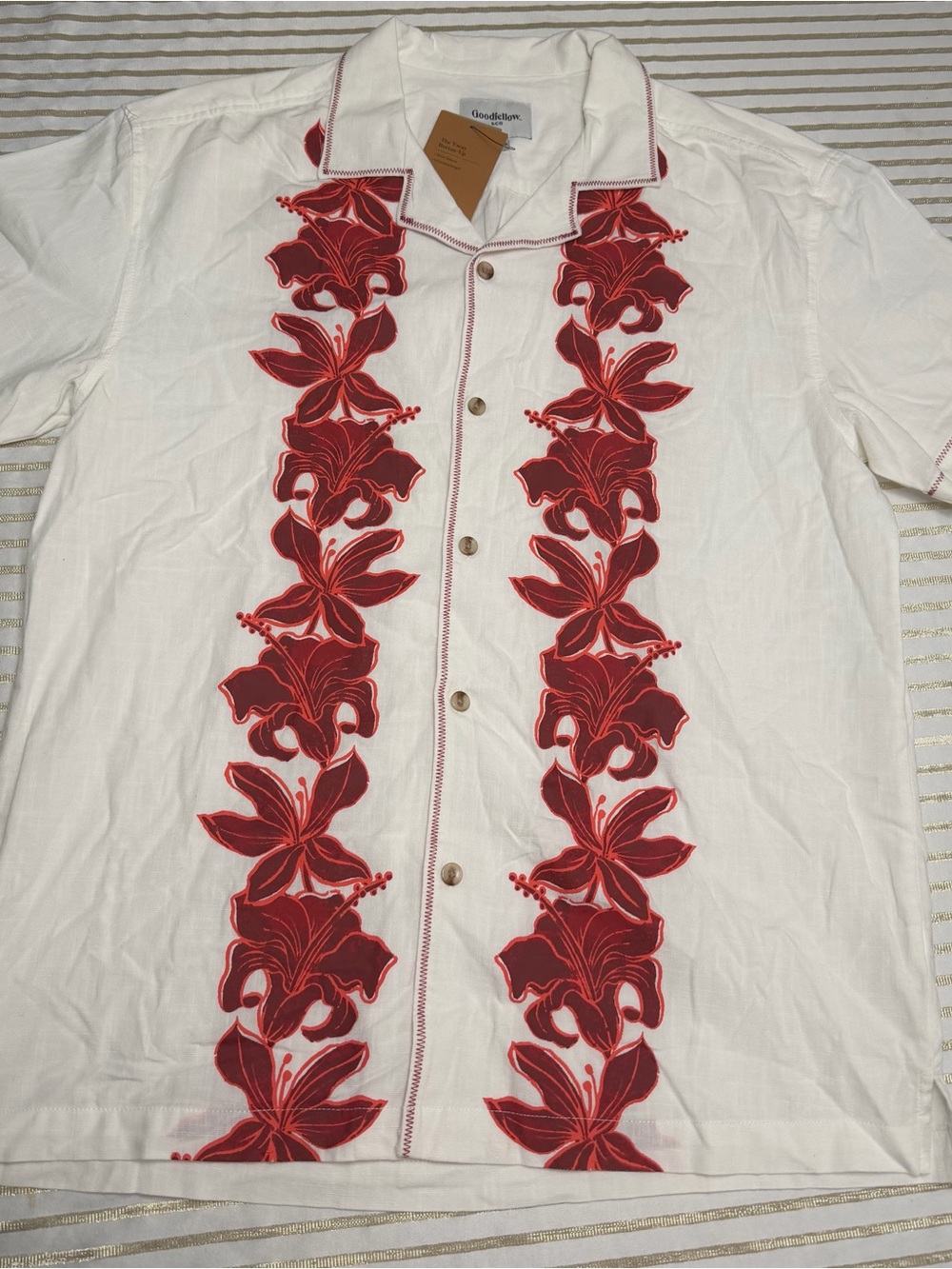 Goodfellow & Co White Short-Sleeve Button-Up with Red Floral Panels